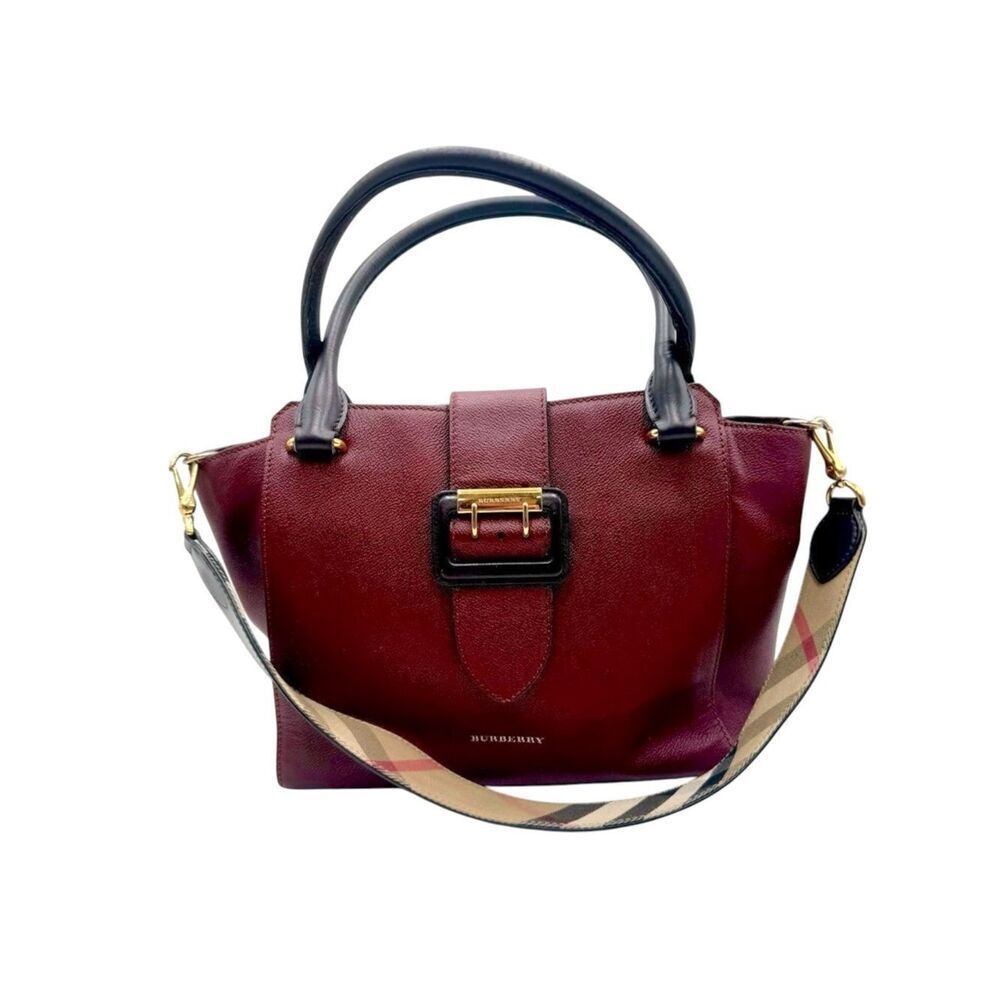 Burberry Medium Pebble Grained Burgundy Leather 2way Buckle Satchel Auth